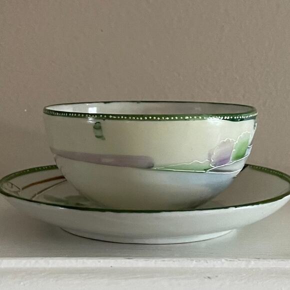 Vintage Japanese Hand Painted Teacup & Saucer Floral, Landscape, House Design - Picture 4 of 9